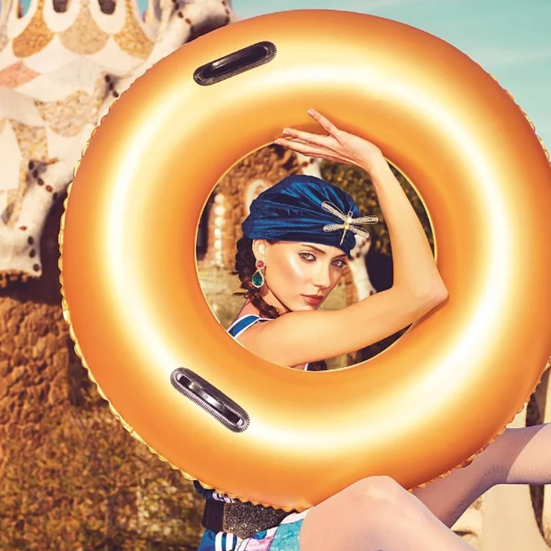 

INS Gold Bling Sparkling Adult Swimming Rings Inflatable Pool Floats with Handles Women Swim Circle Tube Beach Summer Water Toys