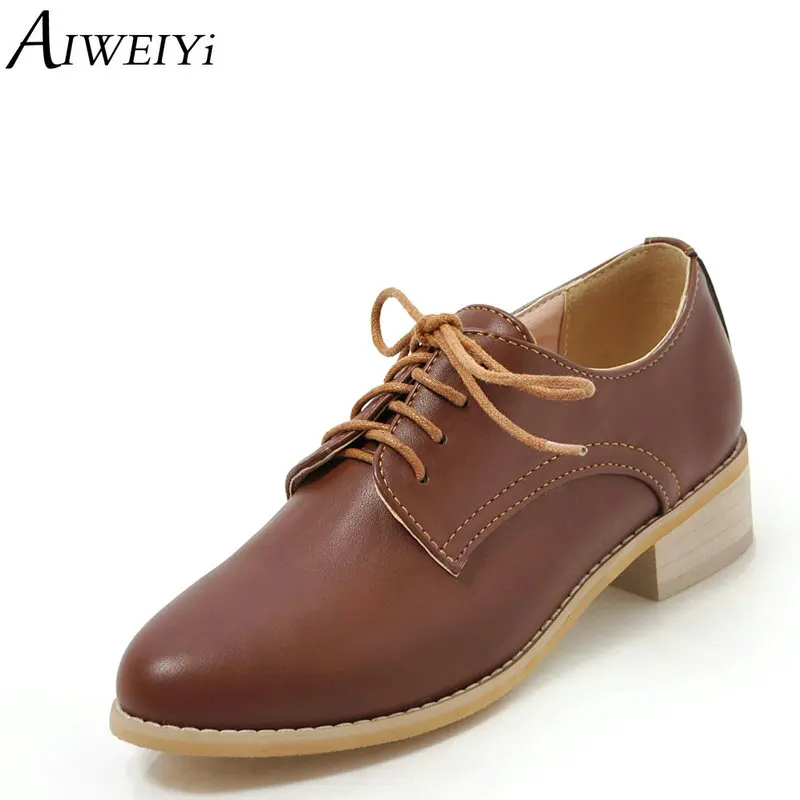 

AIWEIYi Oxford Shoes Woman Thick Heel Low Heels Lace Up Comfortable Casual Shoes