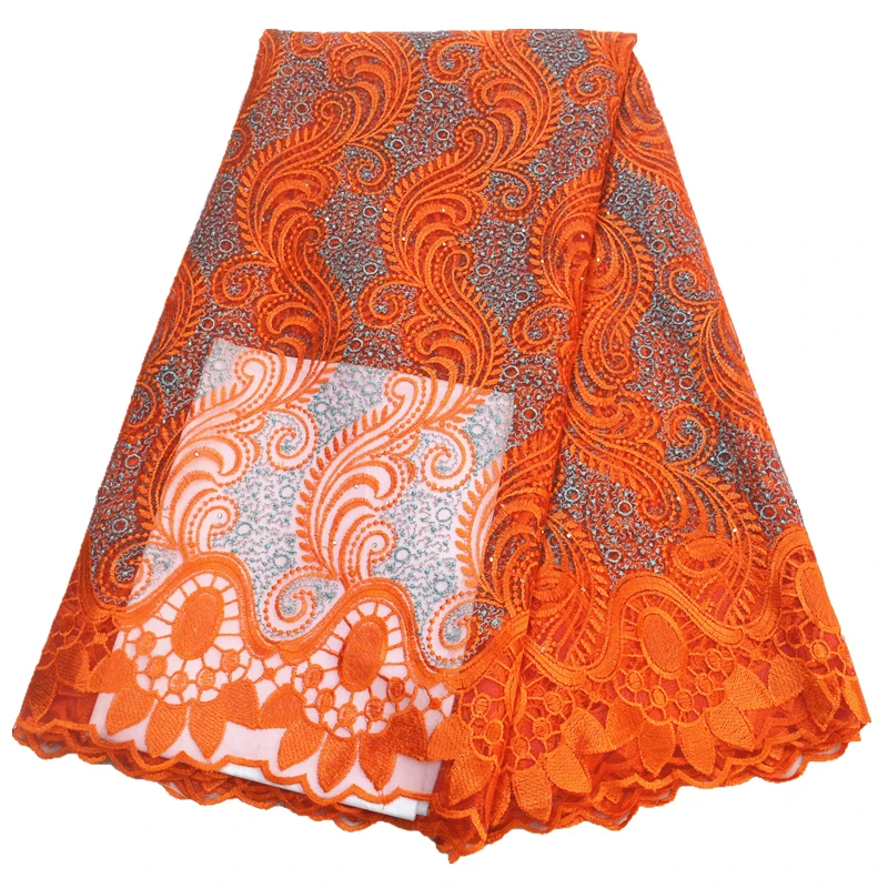 

nigerian lace fabric high quality lace orange color french lace embroidered tulle lace with stones 5yards