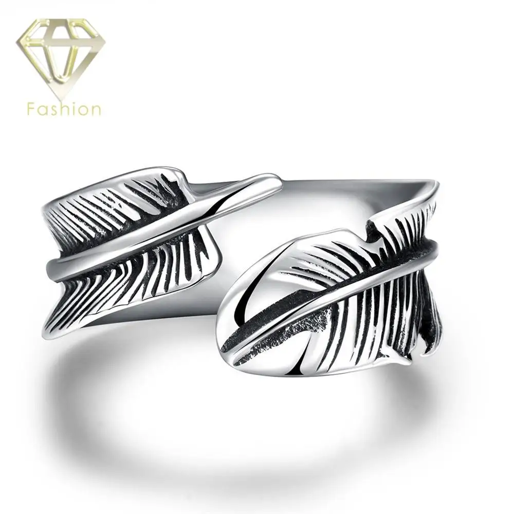 Mens Pinky Rings Simple Vintage Feather Open Biker Ring 316L Stainless
