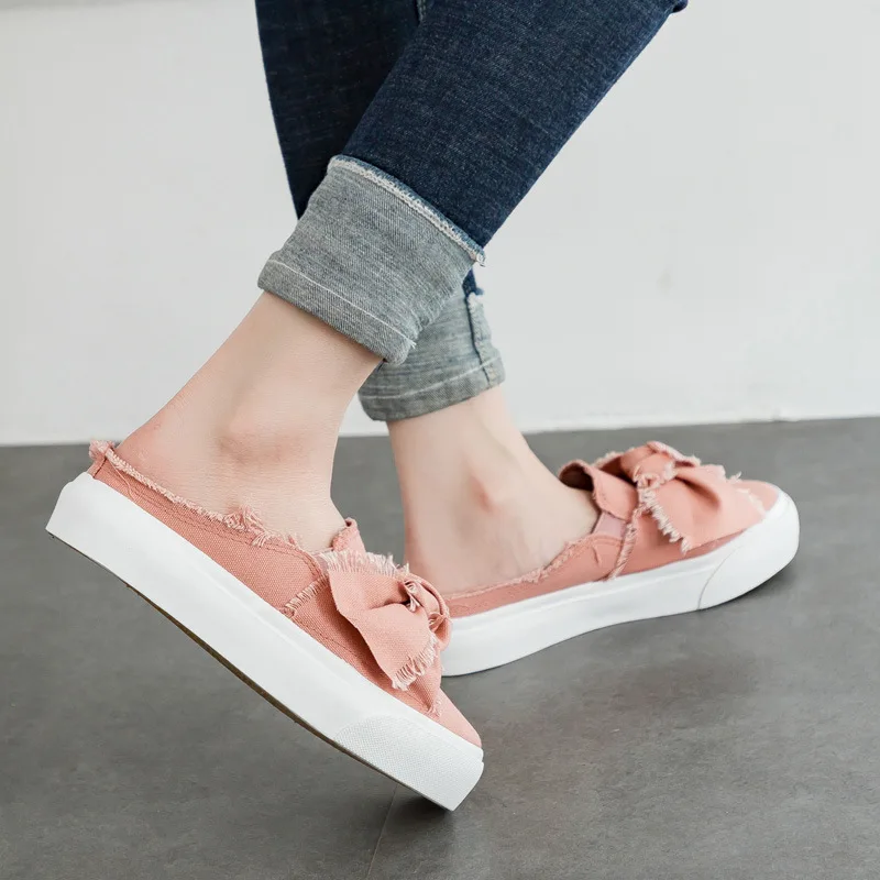 

2018 Summer New Women Canvas Shoes with Bowknot Solid Color Slip on Loafers Female Slingbacks with Bowtie High Quality 35-40