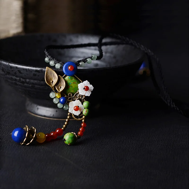 Этническое длинное ожерелье для женщин, зеленый индейский камень, медная раковина, цветок, Красный сердолик, подвеска, канат, chian, Винтажные Ювелирные изделия