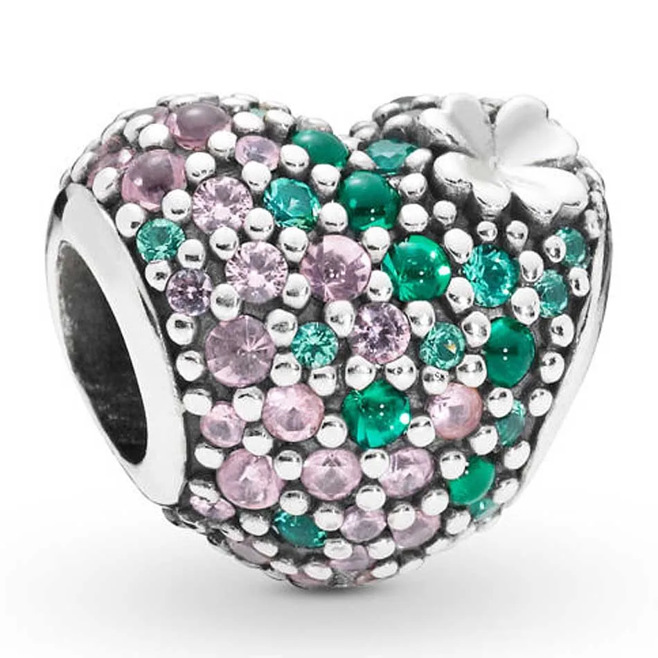 

New 925 Sterling Silver Bead Charm Lucky Four-leaf Clover Heart With Crystal Beads Fit Pandora Bracelet Bangle Diy Jewelry