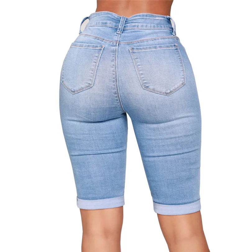 Women Mid Rise Elastic Denim Shorts Women Zip Skinny Denim Knee Length Curvy Stretch Shorts Jeans Skirt Shorts Pantalones 40MR1515