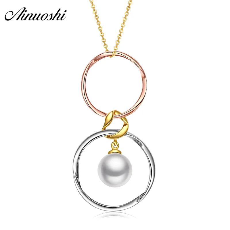 

AINUOSHI 18K Yellow Gold Circle Pendant Natural Cultured Freshwater Pearl Trendy Gold Music Pendant Lady Birthday without Chain