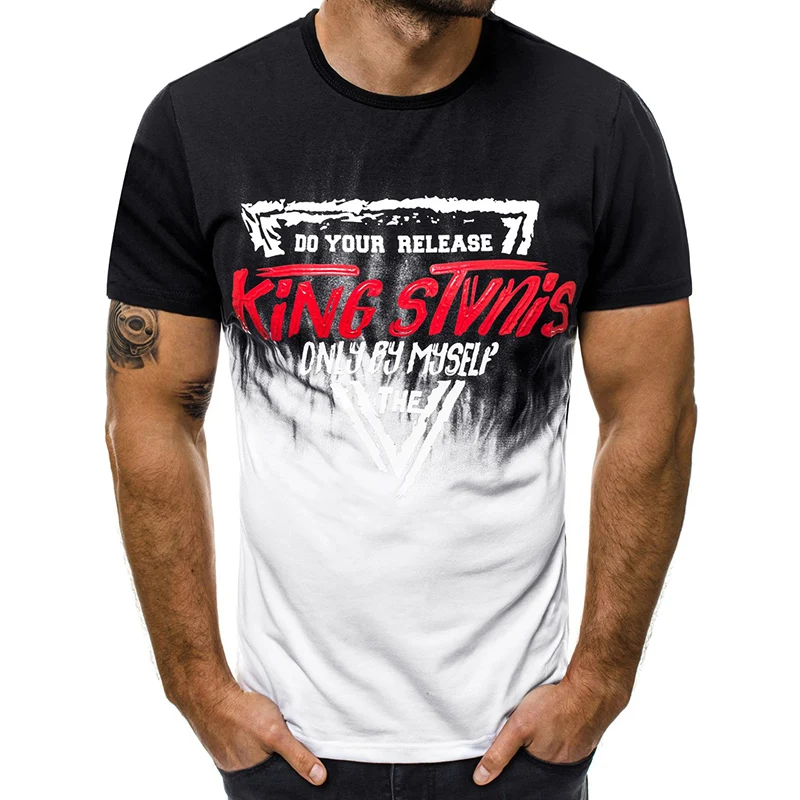 

Men T Shirt 2019 New Men's Round Collar Stitching Gradient Letters Printed Short Sleeve T-shirt