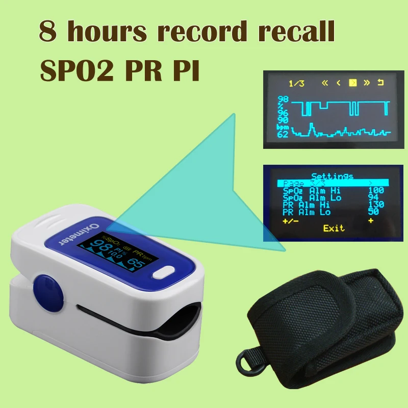 

with pouch Pulse Oximeter Visual Alarm Beep Sound SPO2 PR Memory Recall 8 Hours PI Perfusion Index Blood Oxygen Monitor