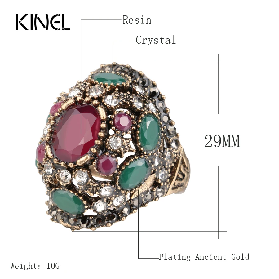 Crystal Rings Luxury Turkish Colorful Resin Ring Ancient Gold Vintage Wedding Rings For Women Crystal Accessories Gift