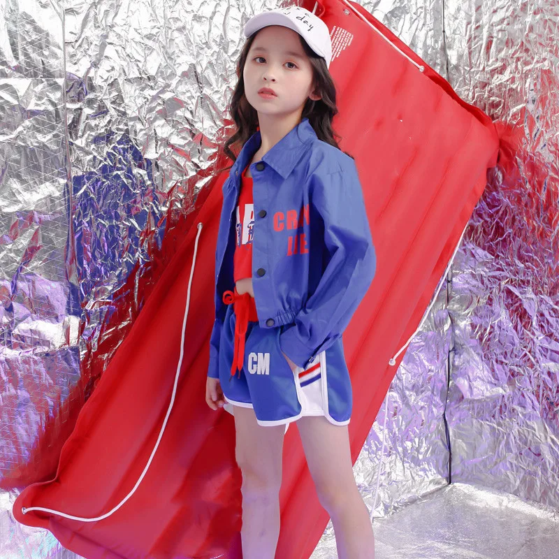 Children Hip Hop Clothing Crop Blue Jacket Top Vest Running Casual shorts for Girl Kid Jazz Dance Costume Wear Ballroom Dancing  (2)