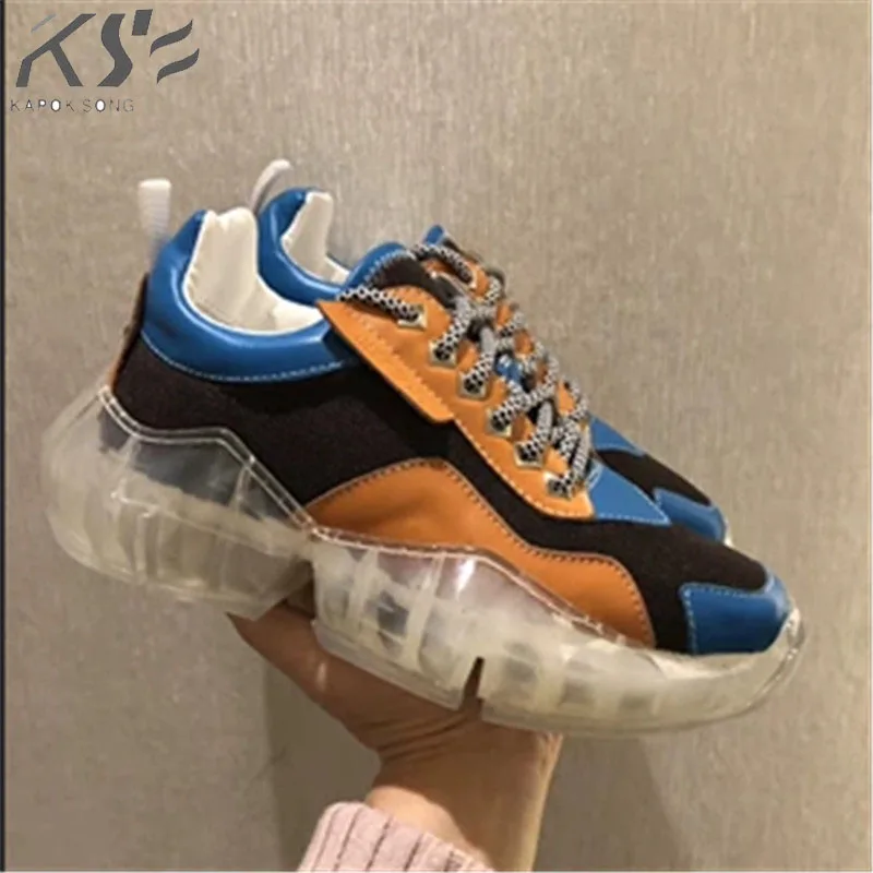 

2019 Early spring new crystal shoes leather thick bottom net red shoes transparent bottom of the old shoe sports