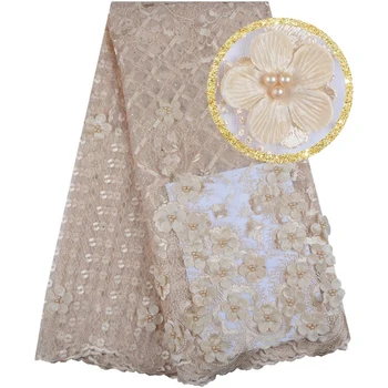 

Wedding 3d Appliques Bridal Fabric Luxury Golden Flower African Lace Fabric Nigerian Lace Fabric With beaded and stones 1543