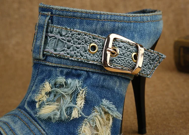 Дизайнерские джинсовые сандалии-гладиаторы на высоком каблуке с пряжкой и ремешком; zapatos mujer; джинсовые сандалии; шлепанцы; женская обувь для вечеринок из джинсовой ткани