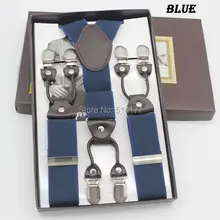 Синие 6 зажимов подтяжки модные подтяжки Подарочная коробка регулируемые подтяжки для мужчин/женщин подарок на день рождения Свадебная одежда аксессуары