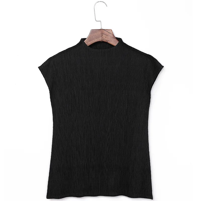 LANMREM Новая модная женская одежда со стоячим воротником без рукавов плиссированный эластичный Женский Топ пуловер винтажный WG54301 - Цвет: black