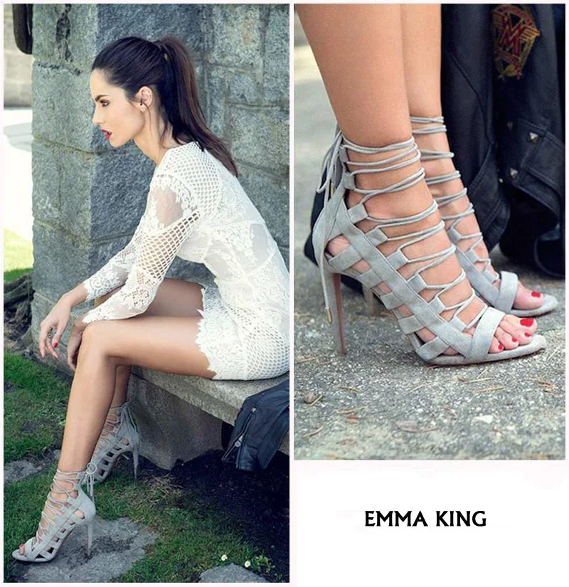 

New Grey Suede Leather Lace-Up High Heel Sandals Women Sexy Gladiator Stiletto Sandalias mujer 2019 Party Dress Shoes Woman