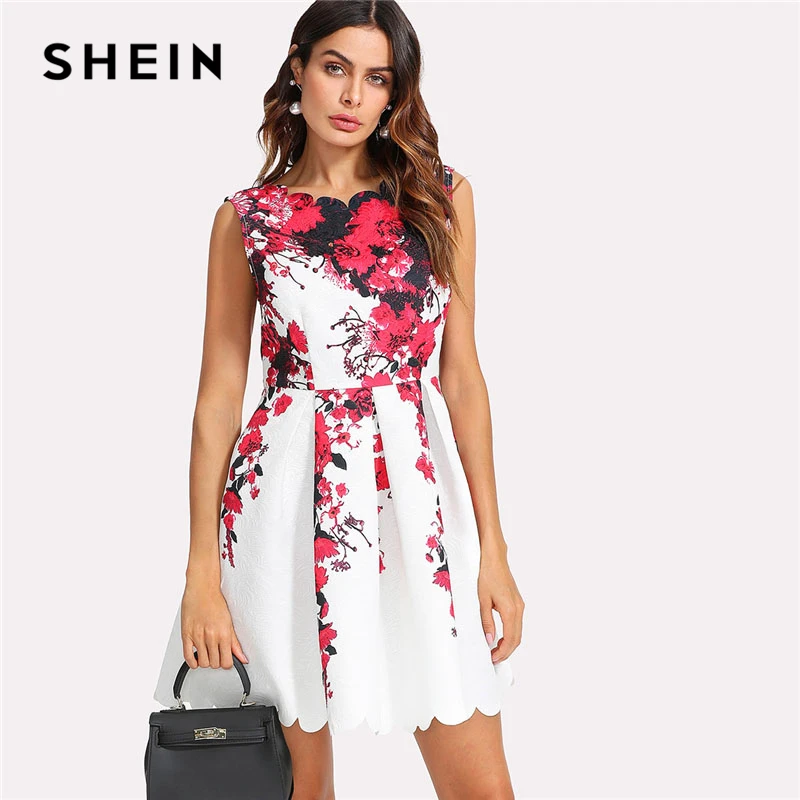 Buy SHEIN Floral Print Pleated Dress Women Round Neck