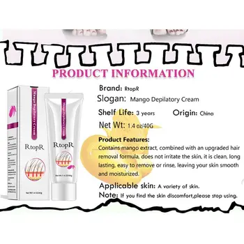 

RtopR Depilatory Cream Body Painless Effective Hair Removal for Men and Women Whitening Hand Leg Armpit Hair Loss Product 40g