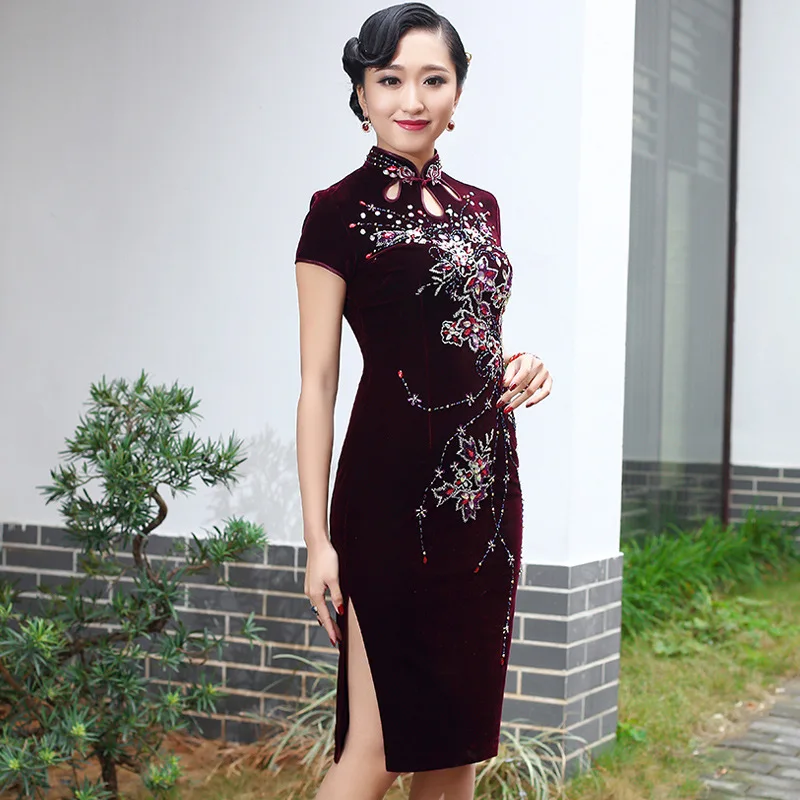 Традиционное китайское Ципао платье год начиная ретро длинный рукав тонкий велюр cheongsam бархатная юбка Семь