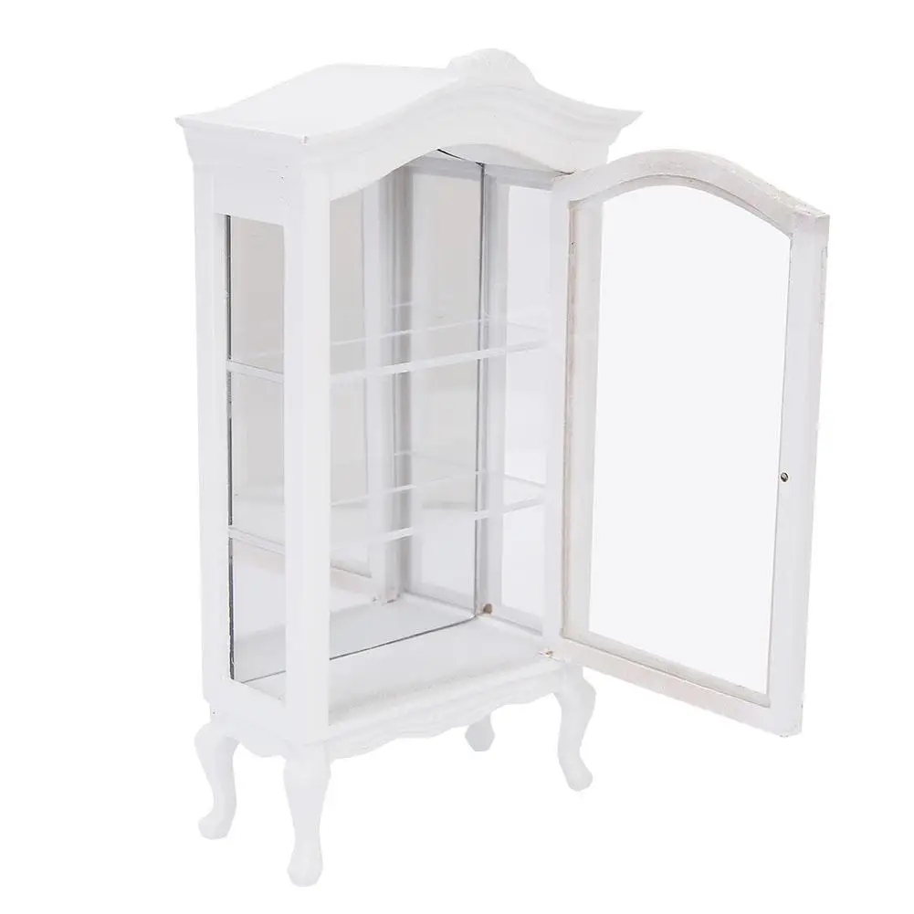 

Wooden Doll House Cabinet Furniture 1:12 Doll House Mini White Three Layers Transparent Window Display Cabinet for Dolls