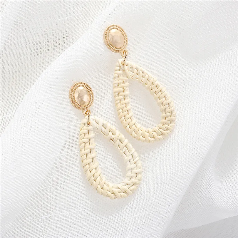 Fashion Women Girls Bohemian Retro Earrings Style Pearl Handmade Rattan Geometric Drop Ladies Jewelry #3E17 (6)