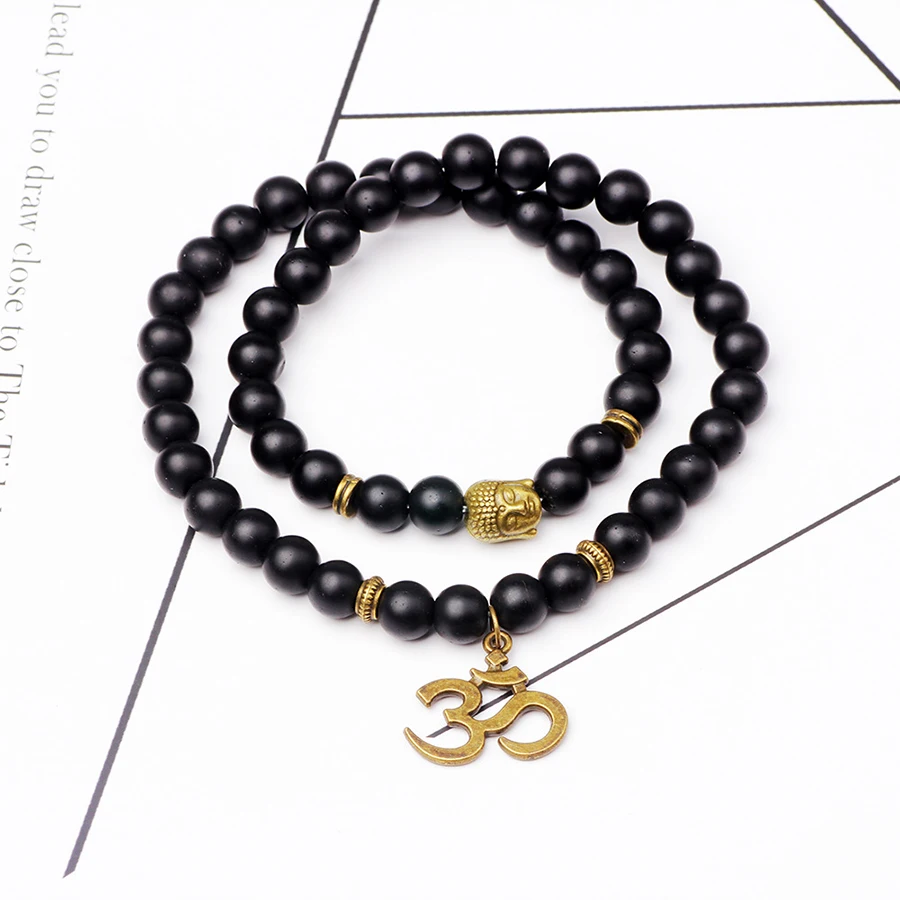 

Natural Matte Black Onyx Om Bracelet Buddhism Head Peaceful Prayer Hand Bracelets Yoga Pendant Jewelry For Women Lady Lover