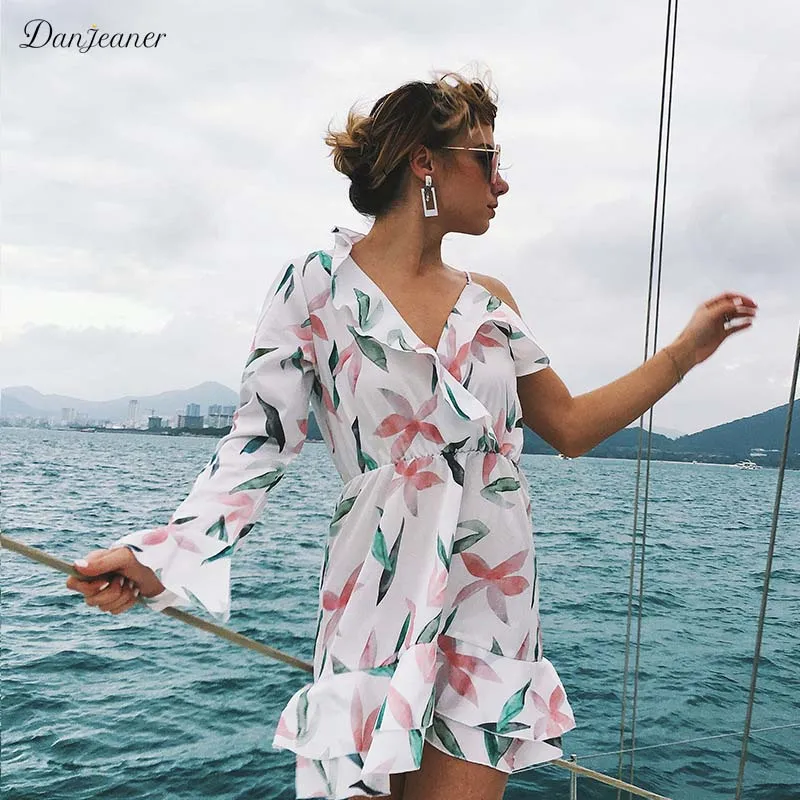 Danjeaner Sexy V neck Ruffles White font b Floral b font font b Print b font