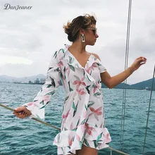 Danjeaner Sexy V-neck Ruffles White Floral Print Beach Dress Women Summer Plus Size Mini Holiday Dresses Slim Fit Casual Dress