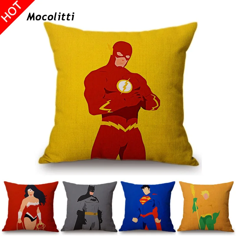 

Yellow Super Heros Iron Man Batman Superman Wonder Woman Comic Home Decorative Throw Pillow Cover Linen Car Sofa Cushion Cover