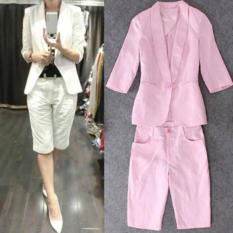 

2019 Spring women sets autumn 2 piece set linen half sleeve jacket + knee pant office two-piece suit two piece summer blazer New