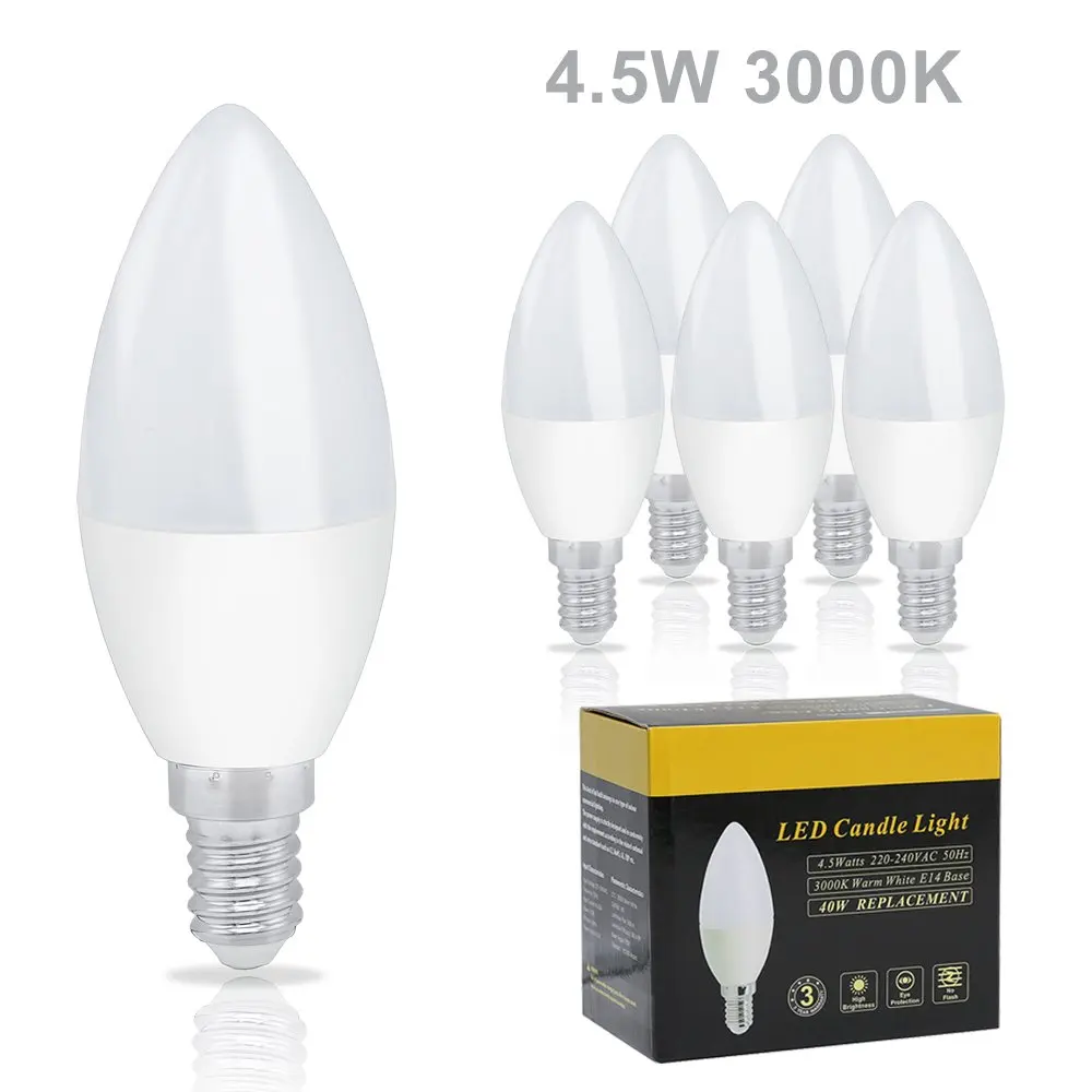 

6pcs/pkg LED Candle Bulb 4.5W C37 E14 Candle Light Lamp Bombillas Warm White 3000K Energy Saving Indoor Lighting