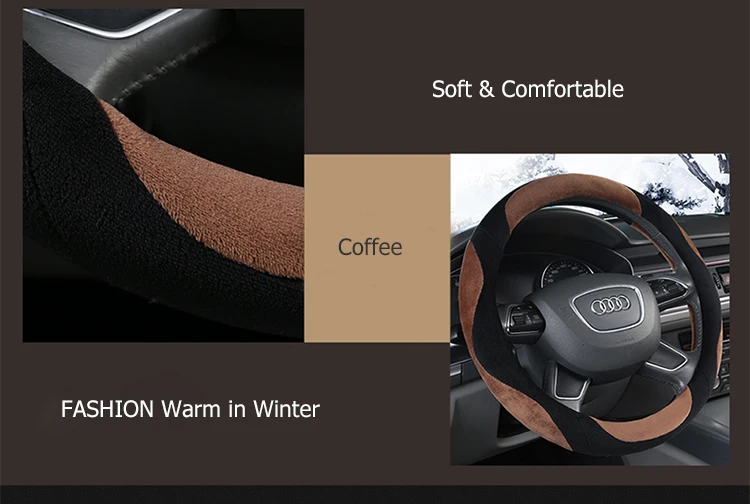 DERMAY Fur Car Steering Wheel Covers Winter Warm Plush Steering Wheel Cover Interior Accessories