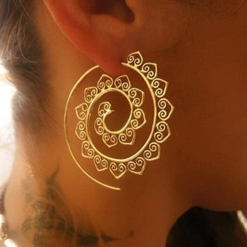 

E076 Bohemia Style Swirl Hoop Earring For Women Gold Color Big Circle Round Ethnic Earring Steampunk Style Statement Ear Jewelry