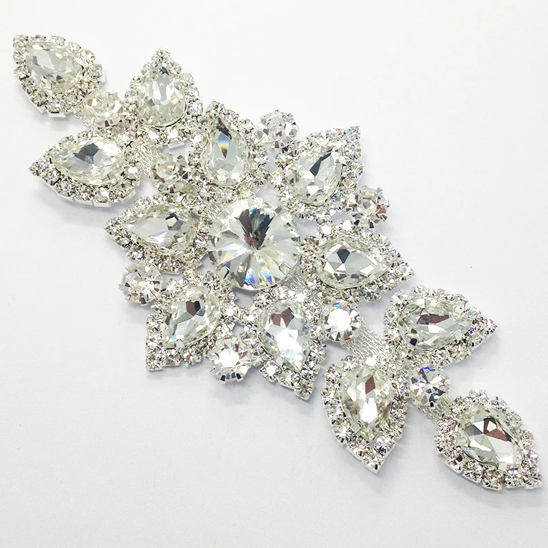 

Sewing On Rhinestone Applique 1 pcs Silver Base Clear Crystal Rhinestones DIY Wedding Evening Dress