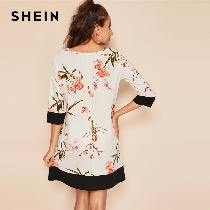 SHEIN بوهو الأبيض النباتية الأزهار طباعة اثنين من لهجة Colorblock مستقيم اللباس المرأة الصيف جولة الرقبة قصيرة الصلبة التحول فساتين