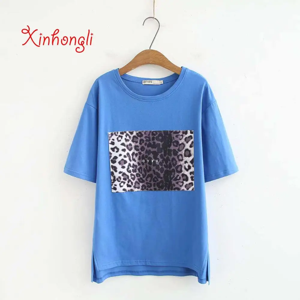 

Plus size Leopard print cotton women loose T shirts 2019 summer casual ladies O-neck short sleeve Tshirst female tees T-shirts