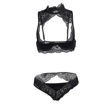 

Woman Transparent Open Back Black Backless Lace Bra Set With Bra + Panty Sexy High Neck Open Bra Ensemble Sexy Erotique R80582