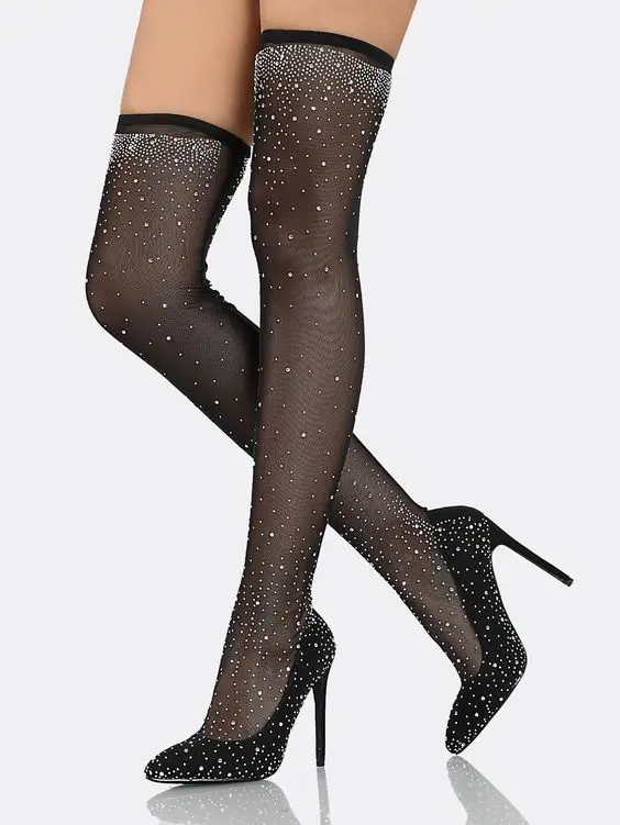 

Fashion Over the Knee Boots Women Shoes Shiny Crystal Sexy Stilettos High Heel Boots Pointed Toe Party Night Club Shoes Woman