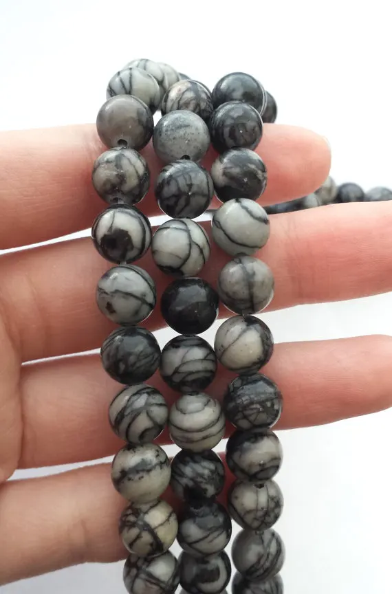 

Black Picasso Beads,Black Vein Black Gem stone Jaspe r Loose Bead Gray Black stone Bead For jewelry 4mm-12mm 1string