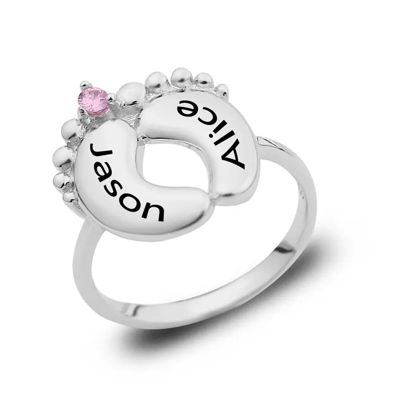 

2019 Personalized Customized Footprint Engraved Name Baby Ring Pink Crystal Jewelry For Mom Women Souvenir Fashion Jewelry Gift