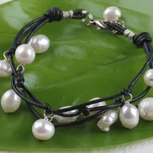 Пресной воды жемчуг и черный кожа подвески браслет- женщины браслет