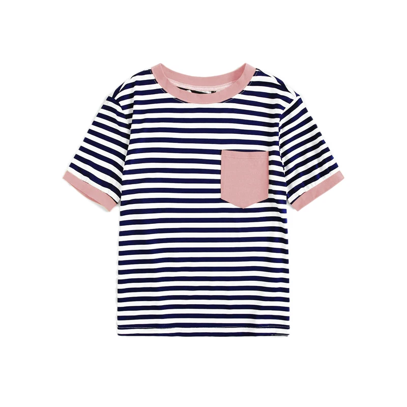 SHEIN Повседневная Полосатая Футболка Ranger с карманом и заплатками, женские топы, Летние Элегантные обычные женские футболки с коротким рукавом и круглым вырезом