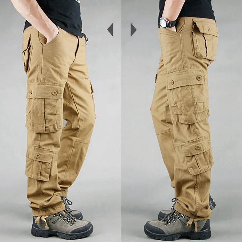 

MFERLIER spring men safari style cargo pants Multifunction pocket plus size Straight out door slim fit casual work pants khaki