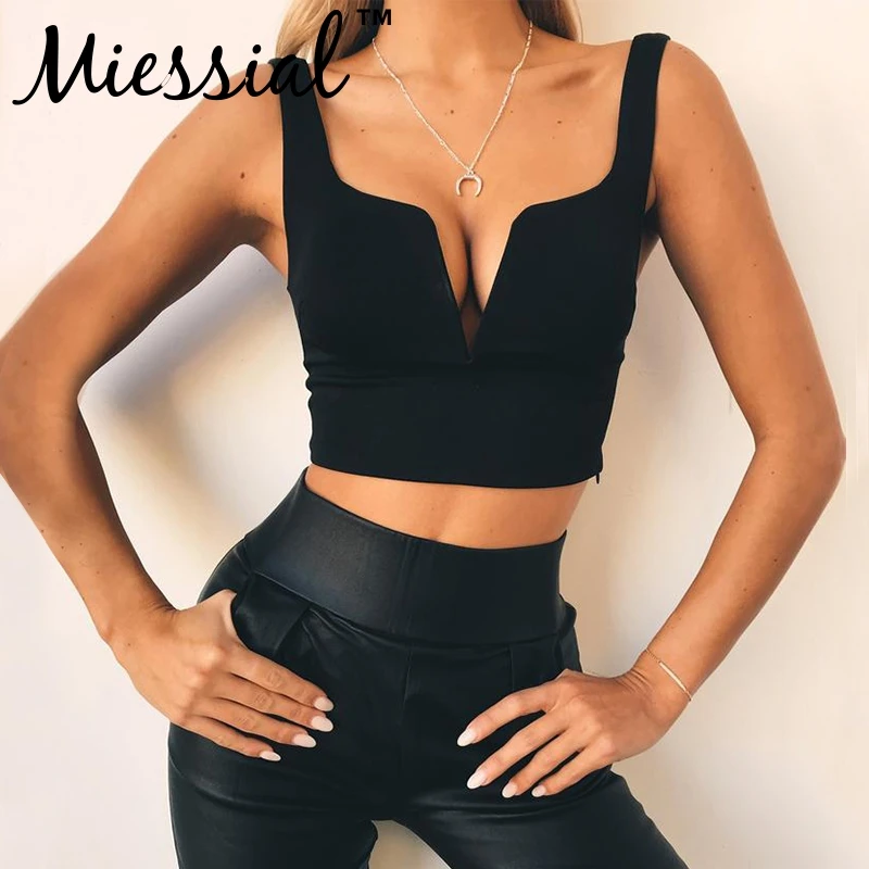 

Miessial Sexy bodycon backless tank top Women deep v neck sleeveless winter crop top Female fashion autumn black tops & tees