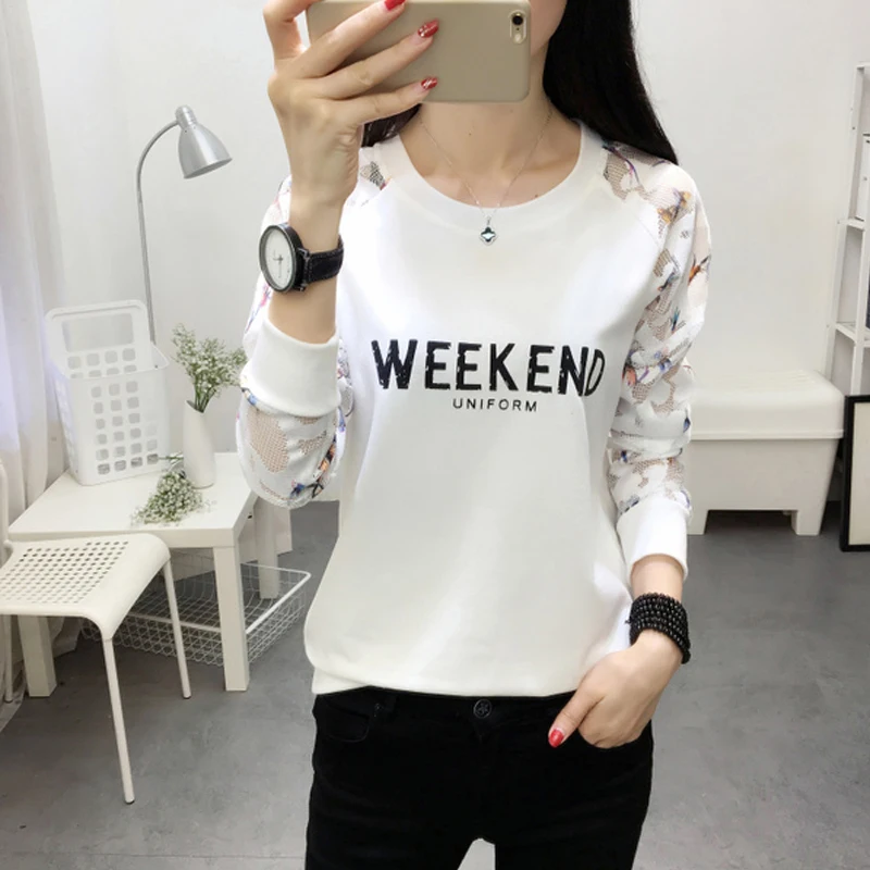 

2018 large size new printing women's T-shirt casual T-shirt tops spring long-sleeved hollow female T-shirt women's clothing