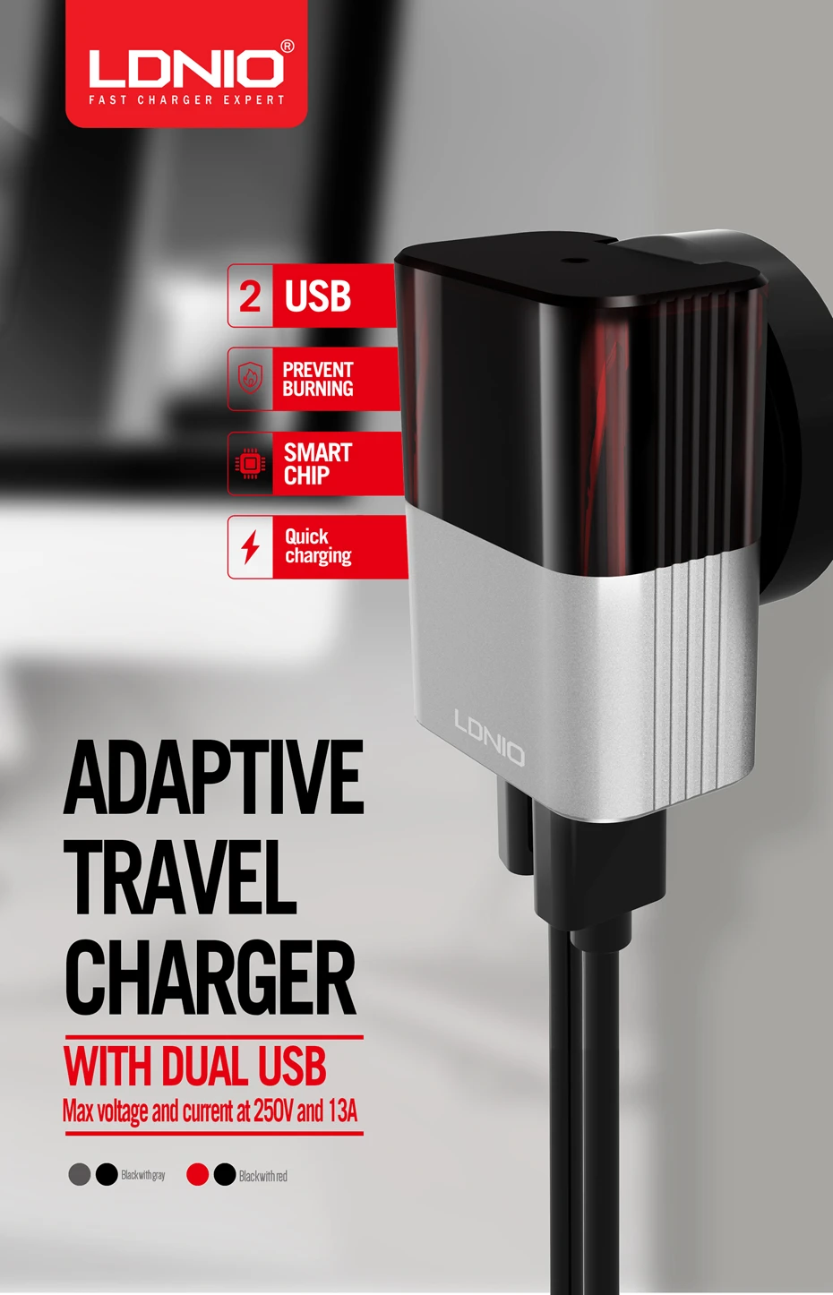 LDNIO A2206 2.4A US Plug серый и красный двойной USB Путешествия A.C. Источник мини настенное зарядное устройство для samsung Galaxy s8