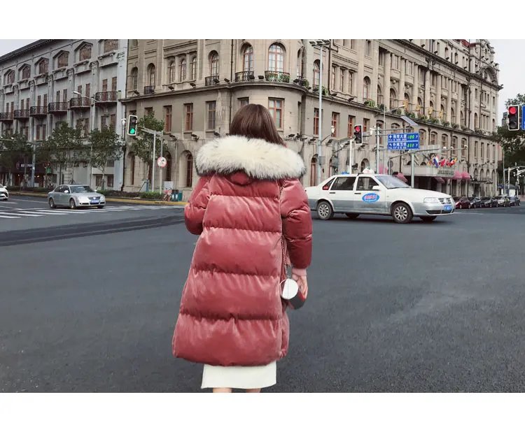 Женское зимнее плотное пальто с большим меховым воротником и капюшоном, паракс, высокое качество, однотонный цвет, бархат, ватное хлопковое пальто, Повседневная Длинная Куртка JQ507