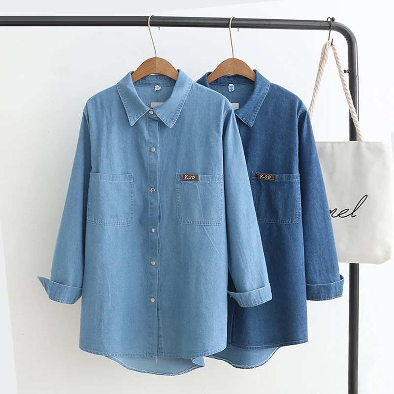 

Oversized Plus Size turn-down Collar Long Sleeve Blouse Women 2018Pockets Denim Shirt Spring & Autumn Ladies Tops