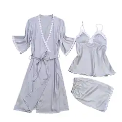 Для женщин банный халат + пижамные комплекты для женщин модные кружевные комфорт цветок Атлас халат с длинным рукавом летнее ночное M-XL