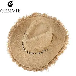 Винтажные рафии соломенные шляпы флоппи широкий большой шляпа от солнца Fashion Fringe ракушек бусины пляжные шляпы Панама летняя шляпа для