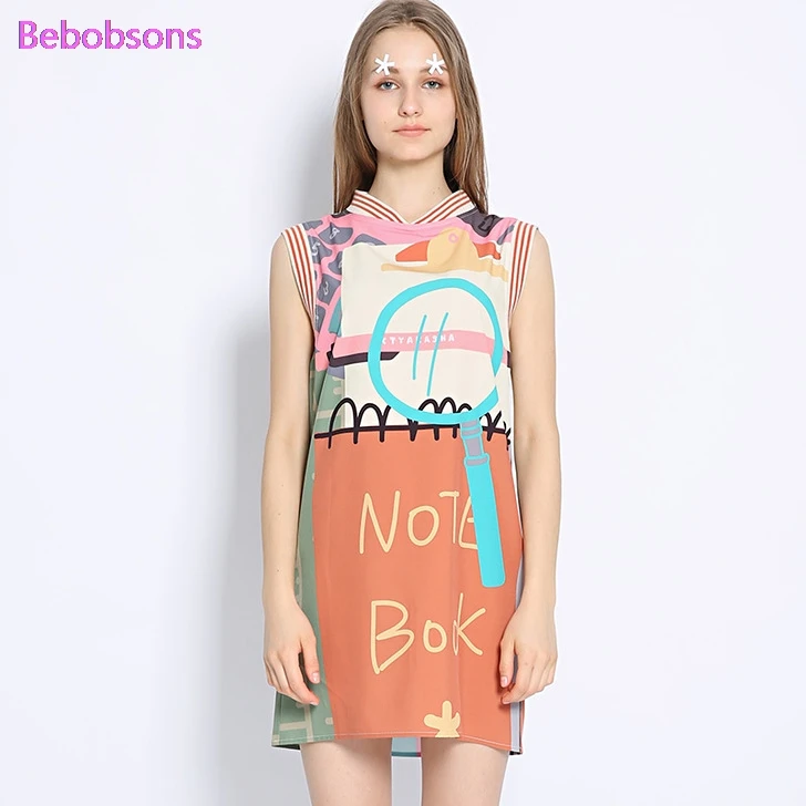 

Women Chiffon Dress V Neck Stationery Printed Sleeveless High Quality Female Casual Summer New preppy style ladies dresses